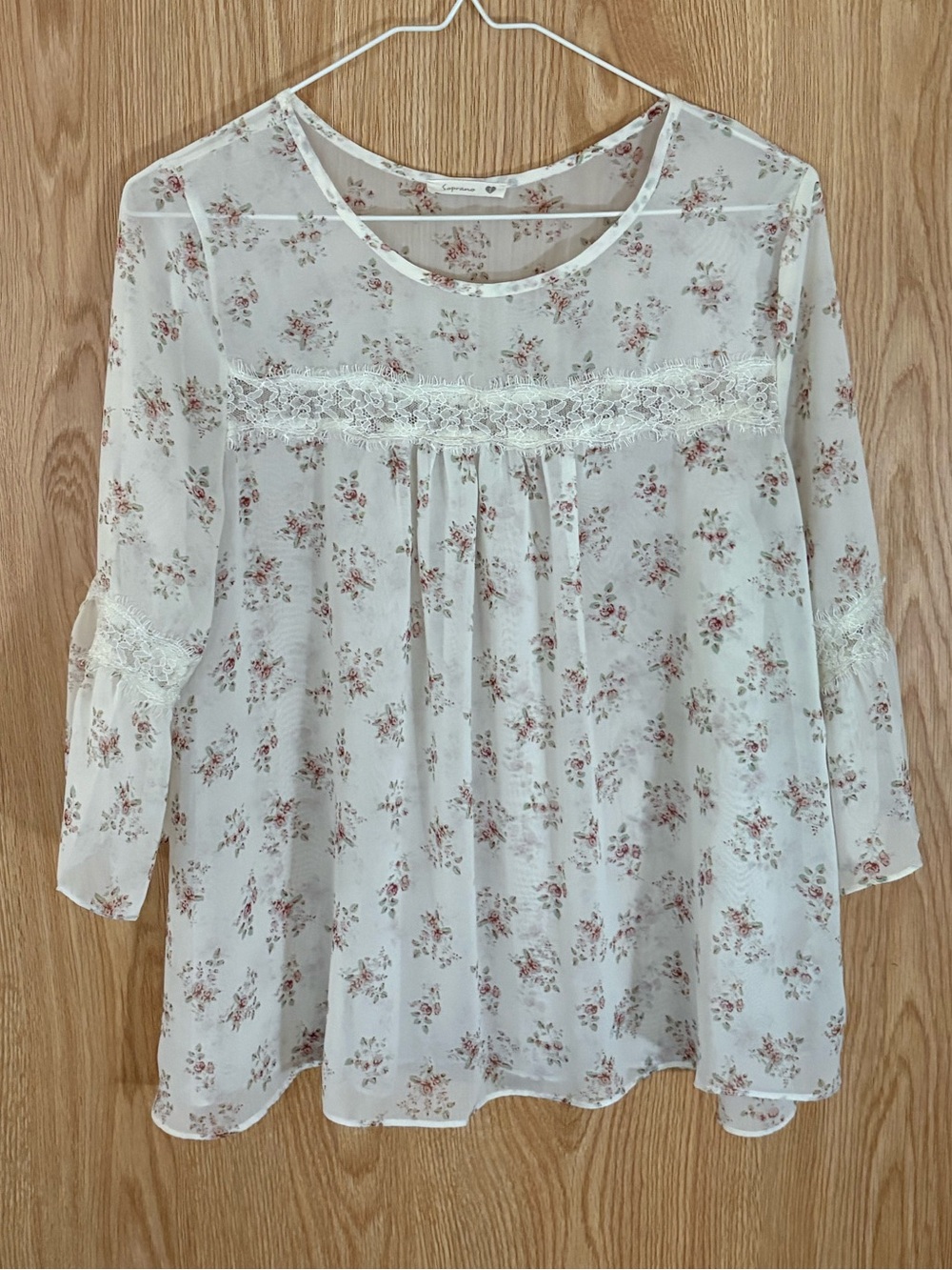 White Sheer Floral Peasant Tunic with Pink Bouquet Print